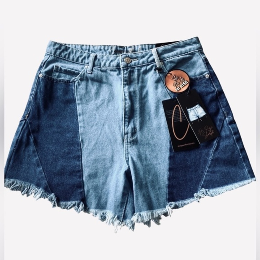 Copperflash sz 8 Two-Tone dark & light blue wash High Rise Shortie Jean Shorts